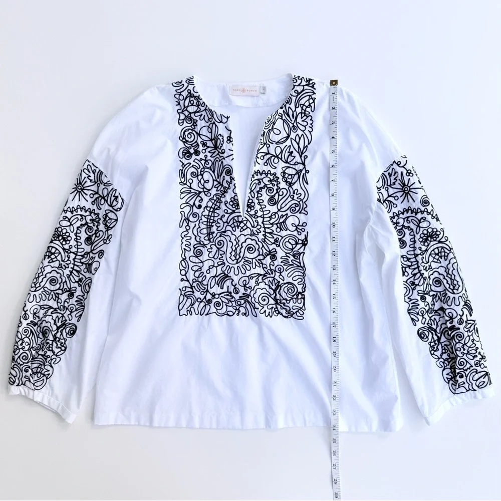 Tory Burch Embroidered White Cotton Poplin Top with Black Embroidery Size 6